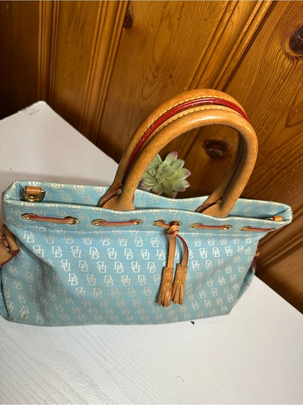 Dooney & Bourke Light Blue Monogram Drawstring Tote with Tan Trim